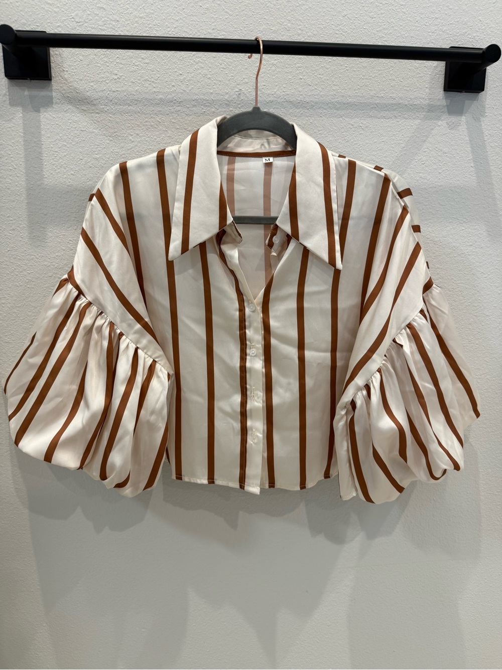 Striped Puff-Sleeve Button-Down Top in White and Brown